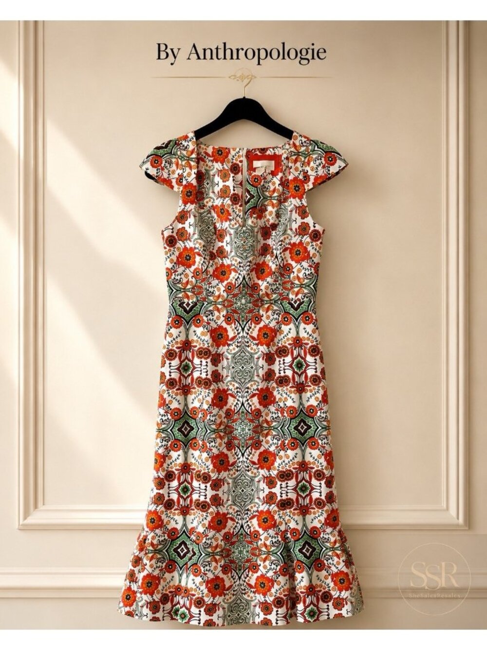 By Anthropologie Maeve Cecily Floral Fit Flare Midi Dress Cap Sleeve M NWT